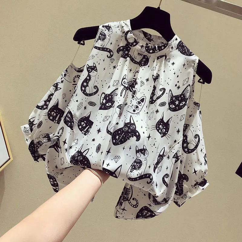 Korean Lifestyle - Cat Cartoon Print Chiffon Vintage O-Neck
