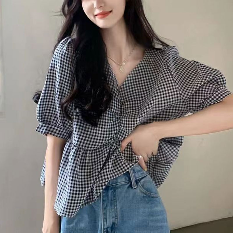Korean Lifestyle - Summer Korean Plaid Loose Shirts Short