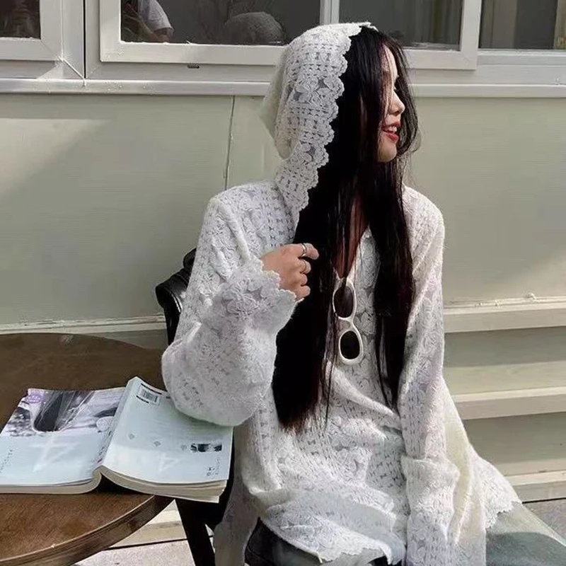 Korean Lifestyle - Y2K Lace Hooded Shirts Women Streetwear