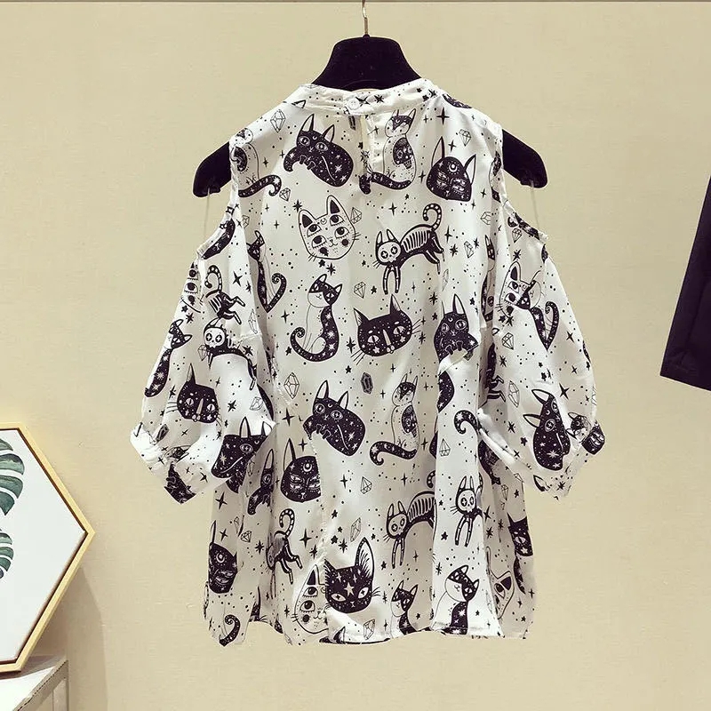 Cat Cartoon Print Chiffon Vint - Korean Lifestyle review and price