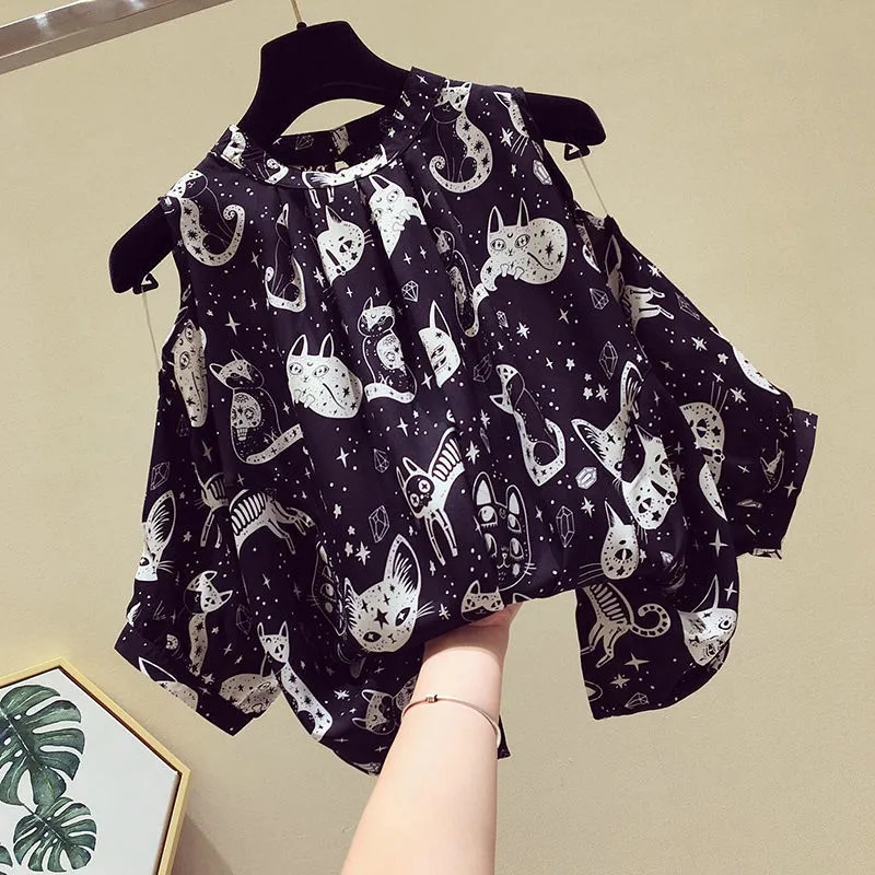 Cat Cartoon Print Chiffon Vint - Korean Lifestyle review and price