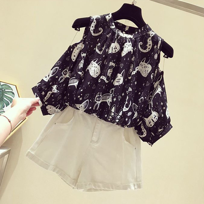 Cat Cartoon Print Chiffon Vint - Korean Lifestyle review and price